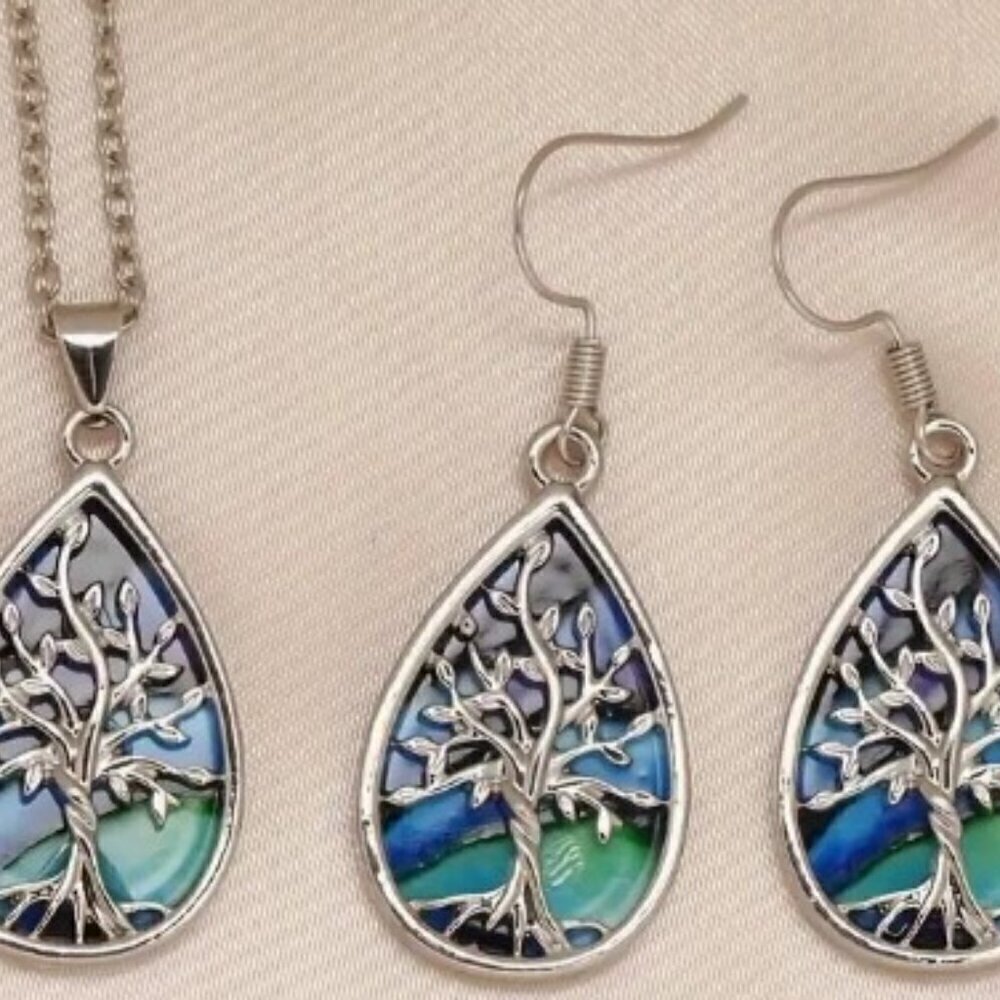 Tree Of Life Water Drop Necklace And Earrings Set